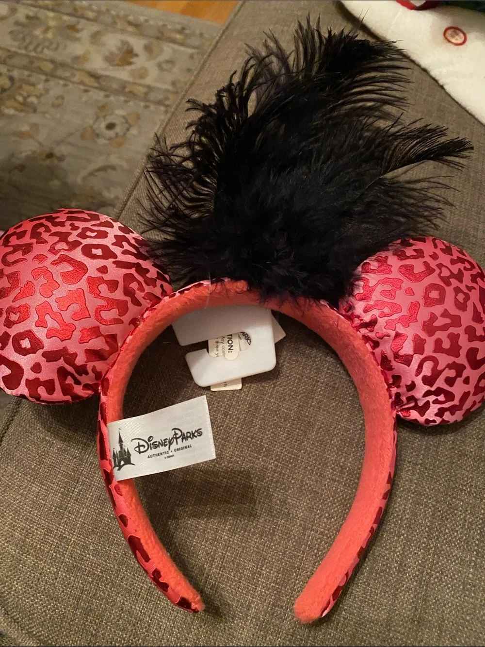 Disney Pink Leopard Print Minnie Ears Headband with White Rose & Feather